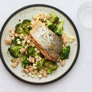 Salmon with Broccoli, Corn, and White Beans